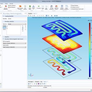 Multiphysikalische Simulation eines Heizkreislaufes in der neuen Desktop-Umgebung. Das neue Menüband-Design ist im Kopfbereich des Bildschirms zu sehen.