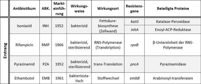 Tabelle 1: Gängige Antibiotika zur Behandlung der Tuberkulose, ihre Wirkweisen und wichtigsten Resistenzmechanismen (Bild: Forschungszentrum Borstel)