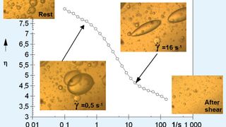 Abb. 1: Viskositätsfunktion einer Emulsion; Während des rheologischen Versuches lässt sich parallel das Partikelverhalten beobachten und anschließend die aufgenommenen Bilder und Videos analysieren (Bild: Anton Paar)