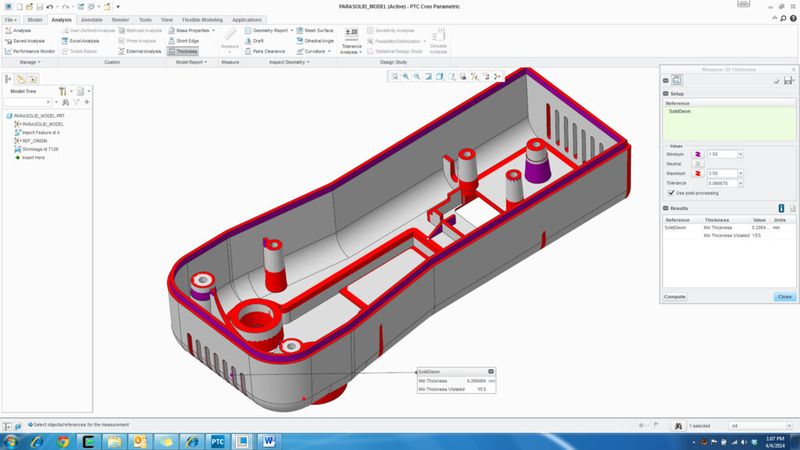 Bild 3: Jetzt ist es möglich, die Wandstärke in 3D zu überprüfen. Die Wandgeometrie wird farbig angezeigt, basierend auf einer benutzerspezifischen minimalen und maximalen Wanddicke.  (PTC)