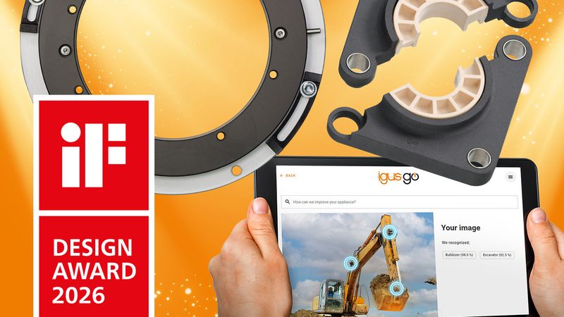 Ein Drehkranzlager, geteilte Flanschlager und eine App von Igus überzeugten mit ihrem anwendungsorientierten Design die Jury des iF Design Awards 2026. (Bild:  Igus)