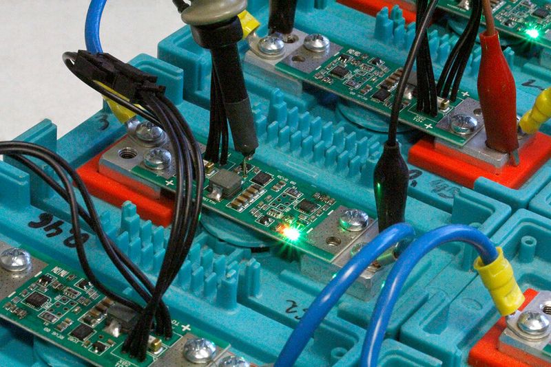 Laboraufbau: LEDs zeigen die Balanceraktivitäten von Zelle zu Zelle. (Bild: Markus Kessler)