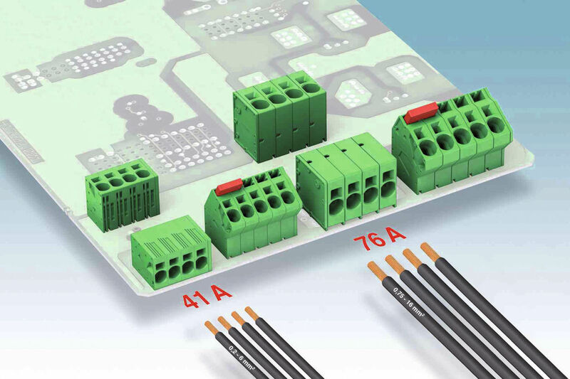 Die bauraumoptimierten SPT-Leiterplattenklemmen vereinfachen den Geräteanschluss bis 76 A durch unterschiedliche Anschlussrichtungen. (Phoenix Contact)