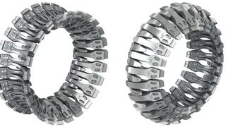 Die Multilam flexo ML-CUX in der Version für die Buchse (links) und in der Version für den Stecker (rechts). Gut erkennbar: das federnde Trägerband mit den aufgenieteten Kontaktstegen. (Stäubli)