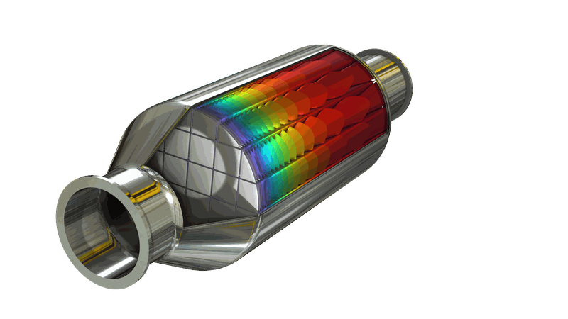 Ein Modell eines Monolithreaktors mit einer Isoflächen-Darstellung, die die Konzentration einer chemischen Spezies zeigt.(Bild:  COMSOL)