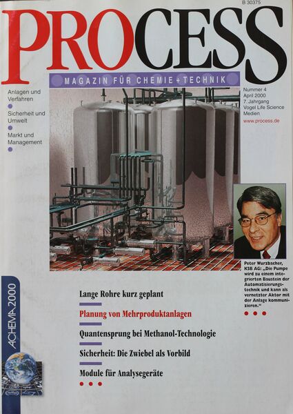 April 2000   Top Themen:  - Lange Rohre kurz geplant - Planung von Mehrproduktanlagen - Quantensprung bei Methanol-Technologie - Sicherheit: Die Zwiebel als Vorbild - Module für Analysegeräte (Bild: PROCESS)