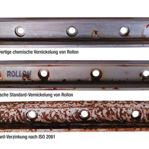 1 360 Stunden im Salzsprühnebel – 15 Tage rund um die Uhr – hinterlassen an den hochwertig chemisch vernickelten Schienen nur geringfügige Spuren. Auch die anderen Rollon-Schienen überstehen den kompletten Testzyklus.