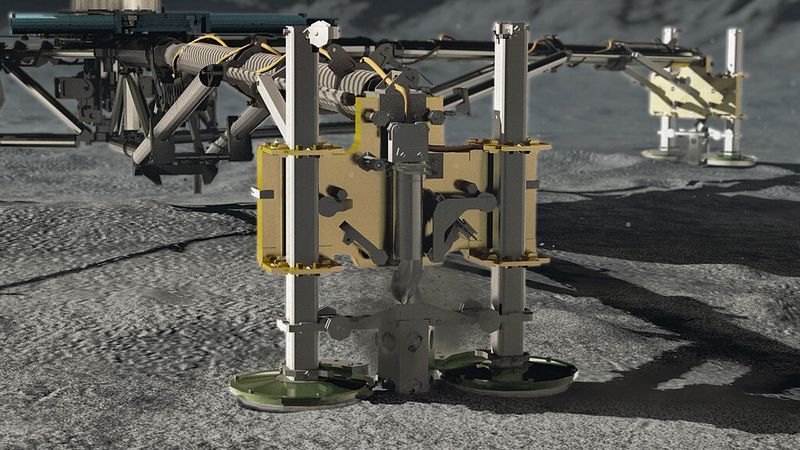 Sofort nach dem ersten Kontakt mit dem Kometen werden zwei Harpunen vom Lander abgeschossen, die ihn am Kometen verankern. Philae ist so konzipiert, dass für fast alle wichtigen Funktionen im Fall eines Fehlers eine oder mehrere Ersatzlösungen existieren. So besitzt Philae eben zwei Harpunen und außerdem eine kleine Düse, die beim Auftreffen gezündet wird, um eventuelle Rückprallimpulse zu kompensieren. (Bild: DRL)