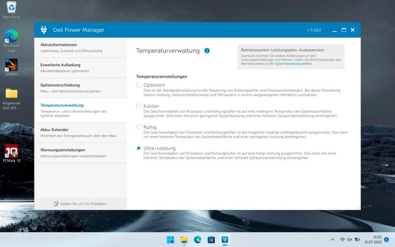 Über den Dell Power Manager kann man noch etwas zusätzliche Leistung herausholen, allerdings bei höherem Stromverbrauch und lauteren Lüftern. Den Silent-Modus kann man sich sparen, das Notebook läuft auch in der Einstellung „Optimiert” sehr leise. (Bild: Vogel IT-Medien)