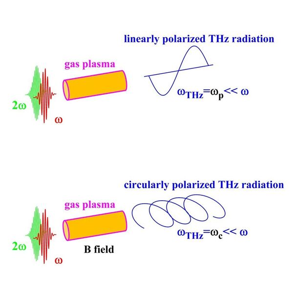Konventionelle THz-Quelle (oben): Zwei Laserpulse mit unterschiedlichen Frequenzen werden auf einen Gastarget fokussiert. Die dadurch freigesetzten Elektronen erhalten eine langsame Driftbewegung, die wiederum als THz-Strahlung emittiert wird. Neue Quelle (unten): Ein multi-Tesla Magnetfeld entlang der Laserrichtung verursacht eine schnelle Kreisbewegung der freigesetzten Elektronen, die als kurzwellige (sub-mm) Strahlungsantenne fungiert. (Bild: Forschungszentrum Jülich)