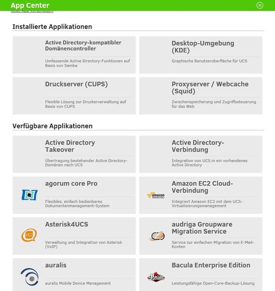 Abbildung 11: Um in der Umgebung weitere Serverdienste zu integrieren, wird das AppCenter aufgerufen. In diesem sind die bereits vorhandenen Anwendungen und die Apps zu sehen, die noch auf dem Server installiert werden können. (Bild: Joos)