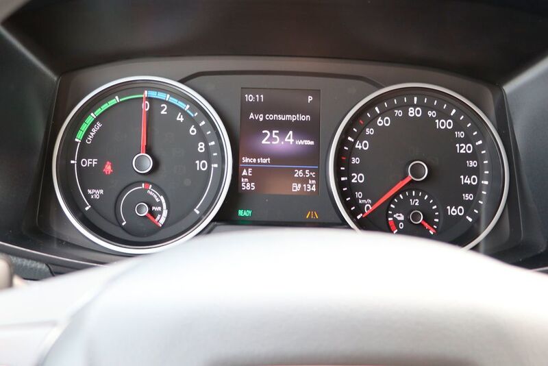 Kurz vor dem Losfahren mit dem eTGE hat der Fahrer dieses Instrumentenbild vor Augen: Rechts Stromverbrauch null und links Geschwindigkeit null. (Klasing)