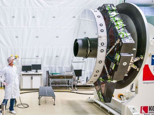 The primary mirror has a diameter of 2.4 meters (approx. 8 ft), making it the same size as the primary mirror of the Hubble Space Telescope.(Source:  NASA/Chris Gunn)