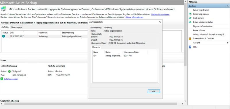 Erfolgreiche Sicherung eines Servers in Azure Backup. (Bild: Joos - Microsoft)