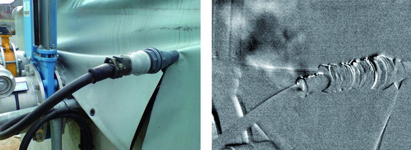 Im sichtbaren Bereich des Spektrums erkennt man nichts. Die Wärmebildkamera, in diesem Fall eine Flir GF 320, visualisiert das Gasleck an einer Kabeldurchführung als schwarzen Rauch im (bewegten) Videobild. (Bild: Flir Systems)