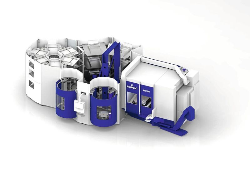 Darstellung der gesamten Anlage: das Reiden-Bearbeitungszentrum RX mit der Liebherr-Automation RLS1500, den beiden Rüstplätzen sowie den sechs Palettenplätzen auf festem Regal und den 18 Palettenplätzen auf dem Rundspeicherturm und Soflex-Leitsystem.  (Reiden)