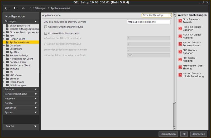 Im Appliance Modus ist es zum Aufbau einer Verbindung zu einer Citrix-Umgebung nur erforderlich, die URL des Servers anzugeben. (IAIT / IGEL)