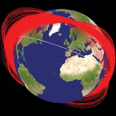 Schaubild einer Schrottverteilung: Die bekannten Orbitbahnen der Wrackteile des chinesischen Satelliten Fengyun-1C etwa einem Monat nach Abschuss. (Bild: NASA)