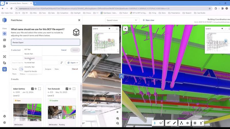 Teams können mehrere Vor-Ort-Notizen in eine BCF-Datei exportieren und diese dann als Issues in Revizto importieren.(Bild:  OpenSpace)