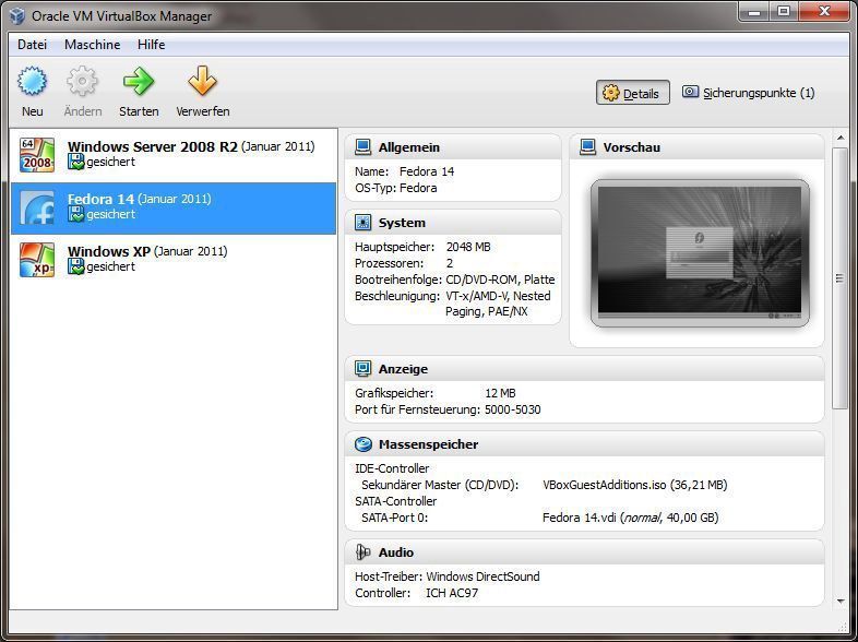 Der Virtualbox-Manager übernimmt die Verwaltung der virtuellen Maschinen und bietet umfassende Informationen über die vorhandenen Systeme. Bild: Güttich (Archiv: Vogel Business Media)