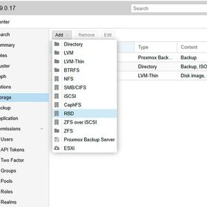 Über den Menüpunkt „Storage“ und das Auswahlmenü „Add“ bindet Proxmox VE Ceph als „RBD“ für Blockspeicher oder als „CephFS“ für Dateizugriff ein.(Bild:  Joos)