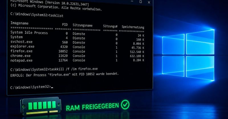 Mit „taskkill“ lassen sich nun Tasks beenden. (Bild:  Thomas Joos)