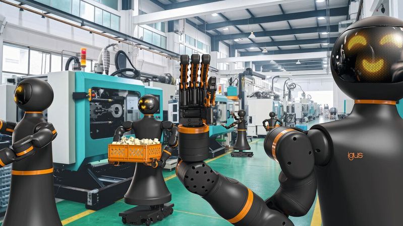 Low-Cost-Robotik: Der humanoide Iggy Rob kombiniert mobile Plattform und kollaborative Arme.(Bild:  Igus)