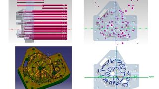 Statt einer üblichen Kühlung mit Pins (oben), kann mit dem neuen Gantry-Großformatdrucker am ILT ein konturnahes Kühlsystem aufgebaut werden, das bei die Lebensdauer der Form verlängert. Gedruckt werden die Werkzeugeinsätze mit dem neuartigen Werkzeugstahl-Pulver L-40 von „MacLean“-Fogg. (Bild: Fraunhofer-ILT)