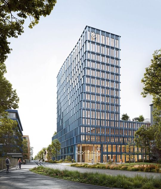 Standort München: Das geplante Hochhaus von Rohde & Schwarz würde aus dem übrigen Gebäudekomplex herausragen und einen architektonischen Akzent auch über das Betriebsgelände  hinaus setzen. (Bild:  Rohde & Schwarz)
