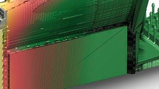 Berechnetes Verzugsfeld für eine mit dem DMLS-Verfahren hergestellte instrumentierte Statorschaufel aus Ti64 nach Trennung von der Bauplattform.  (Additive Works)