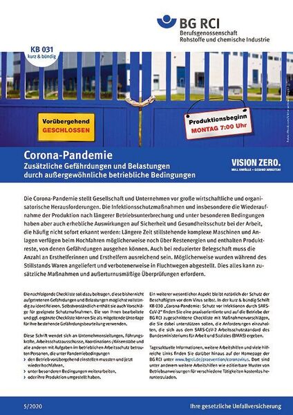 BG RCI-Sonderpublikation „Corona-Pandemie: Zusätzliche Gefährdungen und Belastungen durch außergewöhnliche betriebliche Bedingungen“ (BG RCI)