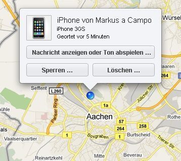 MobileMe (2): MobileMe findet auf Wunsch ein verlorenes oder gestohlenes iPhone, wenn das GPS-System eingeschaltet ist. Die aktuelle Position des iPhones wird über Google-Maps angezeigt. (Archiv: Vogel Business Media)