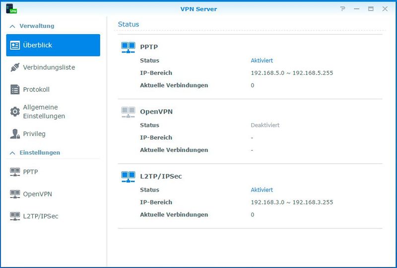 Die Statusansicht des VPN-Servers: Zwei Systeme sind aktiviert, noch ist kein Gerät mit dem Server verbunden. (Bild: VBM)