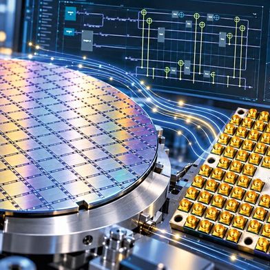 Noch gelten für die Entwicklung von Quantenprozessoren andere Voraussetzungen als für herkämmliche Halbleiter. Doch langfristig könnte Quantencomputing auch die Entwicklung klassischer Chips voranbringen.  (Bild: Dall-E / mit Bildmaterial von Intel und Classiq / KI-generiert)