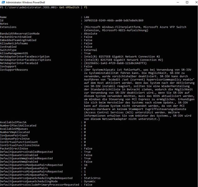 Anzeigen der Einstellungen eines Hyper-V-Switch in der PowerShell. (Bild: Joos - Microsoft)