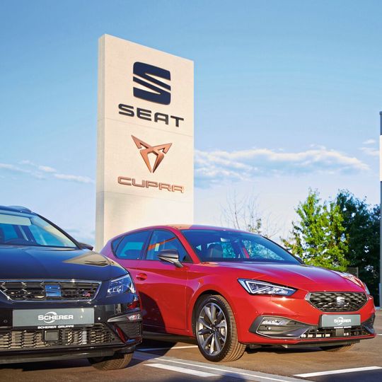 Seat und Cupra: Die Verbindung der beiden Marken ist inzwischen bei vielen Seat-Partnern zu sehen. Nun auch bei Scherer in Bingen.(Bild:  Scherer/Thorsten Gauls)