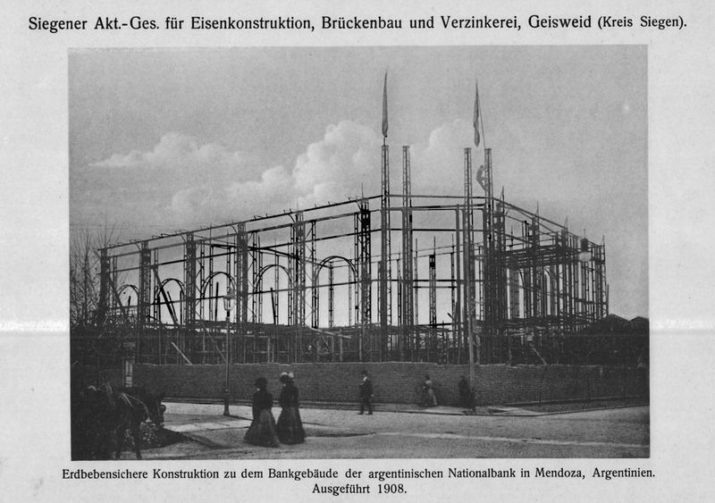 Zentralbank Buenos Aires: Erdbebensichere Konstruktion zu dem Bankgebäude der argentinischen Nationalbank in Mendoza, Argentinien. Ausgeführt 1908, 
Referenzprojekt der früheren SAG. 

 (The Coatinc Company)