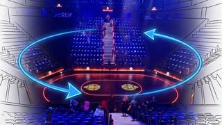 For “The Hunger Games: On Stage,” drive systems lift and move grandstand sections with a dynamic load of up to 26 metric tons—each section can accommodate up to 112 spectators. (Source: Troubadour at the Canary Wharf Theatre)