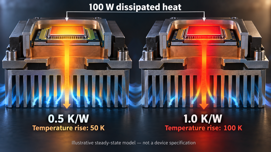 Illustrative values: 100 W dissipated through 0.5 K/W gives a 50 K rise; at 1 K/W it gives 100 K. These are not device specifications.(Source:  KI-generiert / Imagen)