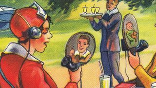 Mobiltelefone mit Bildschirm: Diese Vorläufer heutiger Smartphones zeigt ein Sammelbild des Margarineherstellers Wagner von 1930.  (Bild: Echte Wagner, retro-futurismus.de)