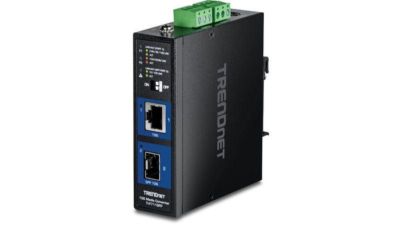 Trendnet stellt mit dem TI-F711SFP einen industrietauglichen 10G-Medienkonverter für raue Umgebungen vor – mit IP50-Gehäuse, EMV-Schutz und redundanter Stromversorgung.(Bild:  Trendnet)