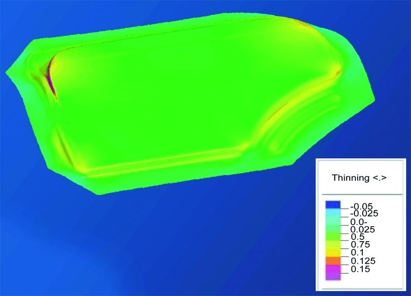 Simulation der Materialausdünnung bei Ziehen eines Karosserieaußenhautteils. Bild: utg (Archiv: Vogel Business Media)