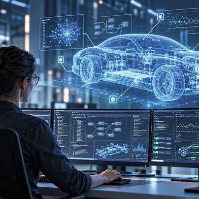 Im europäischen Forschungsprojekt AI4SDV entstehen KI-gestützte Werkzeuge, die die Entwicklung von Software-Defined Vehicles beschleunigen sollen. Das Fraunhofer IESE arbeitet daran, Sicherheitsprüfungen, Verifikation und Sicherheitsnachweise in diese automatisierten Entwicklungsprozesse zu integrieren. (Bild: Dall-E / KI-generiert)