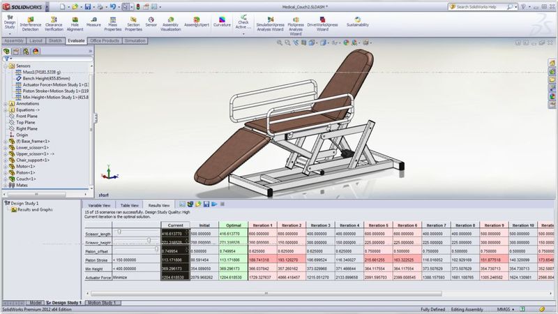 Die Bewegungsoptimierung erlaubt eine schnelle Beurteilung vieler verschiedener Konfigurationen eines Mechanismus und die Auswahl der am besten geeigneten Variante.  (Bild: Solidworks)