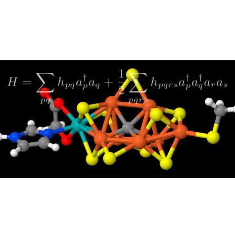 Künftige Quantencomputer werden den Reaktionsmechanismus des Enzyms Nitrogenase berechnen können. Im Bild das aktive Zentrum des Enzyms und eine für die Berechnung zentrale mathematische Formel. (ETH Zürich)