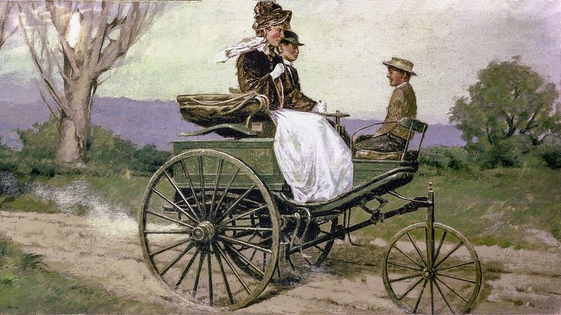 Im August 1888 unternimmt Bertha Benz, die Ehefrau von Automobilerfinder Carl Benz, die weltweit erste Fernfahrt mit einem Automobil. Mit dem Benz Patent-Motorwagen Modell 3 bewältigt sie die Strecke von Mannheim nach Pforzheim und zurück. Historisches Gemälde. (Bild: Mercedes-Benz AG)