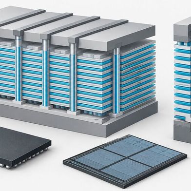 Die schematische Darstellung zeigt den Aufbau eines 3D-NAND-Speichers mit übereinander gestapelten Speicherzellen und vertikalen Verbindungen für hohe Speicherdichten. (Bild: Dall-E / KI-generiert)