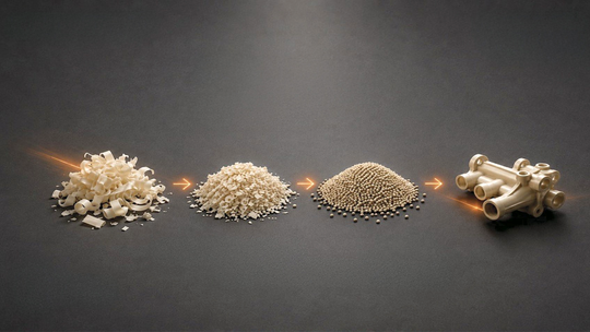 Das recycelte, regranulierte PA12R basiert auf Abfall-Spänen aus sortenreinem Guss-Polyamid Lauramid PA12C. Es kann im Spritzguss oder 3D-Druck zu hochwertigen technischen Bauteilen verarbeitet werden.(Bild:  Handtmann)