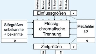 Abb.1: Empirisches Prozessmodell mit den Einflussgrößen Gradientenzeit tG, Temperatur T, Startkonzentration Eluent B%, Endkonzentration Eluent B%, pH wässriger Eluent A, Flussrate F und den Zielgrößen, Auflösung mehrerer Peakpaare sowie minimale Analysenzeit. (LC-Pharm-HPLC-Expert Service)