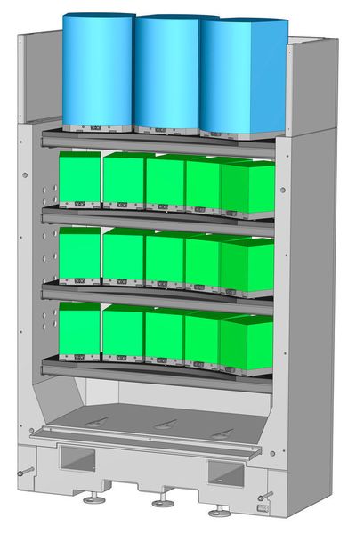 Speichermodul des HS flex mit verschiedensten Paletten und Werkstückabmessungen. (Hermle)